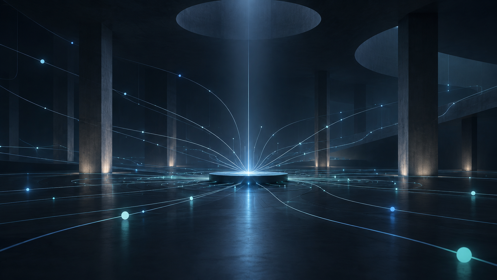 Abstract illuminated signal paths converging through a dark digital network